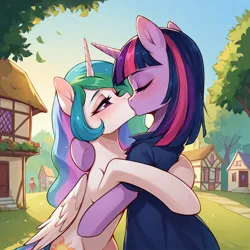 Size: 1024x1024 | Tagged: suggestive, ai content, machine learning generated, ponerpics import, prompter:neo meow, stable diffusion, princess celestia, twilight sparkle, alicorn, bipedal, blushing, clothes, dress, female, hug, image, jpeg, kissing, lesbian, ponyville, shipping, twilestia