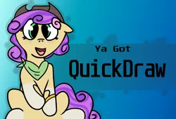 Size: 3105x2093 | Tagged: safe, artist:dropofthehatstudios, derpibooru import, oc, oc:quickdraw, banned from equestria daily, clothes, coat markings, cowboy hat, eyelashes, green eyes, hat, hoof ring, image, png, purple mane, scarf, simple background, sitting, socks (coat marking), ya got, yellow coat