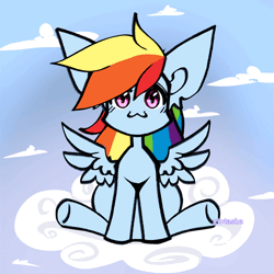 Size: 1000x1000 | Tagged: safe, artist:glotasha, derpibooru import, rainbow dash, pegasus, pony, friendship is magic, animated, cloud, ear fluff, floppy ears, g4, gif, happy, image, looking at you, open mouth, sitting, sky, solo, tail, wings