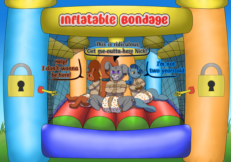 Size: 2782x1953 | Tagged: questionable, derpibooru import, pony, angry, bondage, bouncy castle, castle, dialogue, diaper, diaper fetish, embarrassed, feet, feet up, fetish, foot focus, garden, help, image, judy hopps, png, poofy diaper, secret squirrel, shadow spade, sky, straitjacket, zootopia