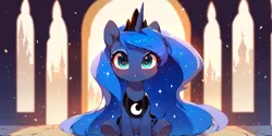 Size: 2400x1200 | Tagged: safe, ai content, derpibooru import, machine learning generated, prompter:greesys, princess luna, alicorn, bust, candy, cute, food, image, lollipop, png, portrait, solo