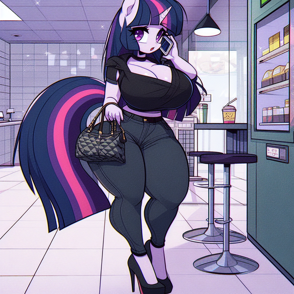 Size: 1024x1024 | Tagged: safe, ai content, derpibooru import, machine learning generated, twilight sparkle, anthro, unicorn, adorasexy, big breasts, breasts, busty twilight sparkle, butt, choker, cleavage, clothes, collar, cute, female, g4, high heels, horn, huge breasts, huge butt, image, large butt, mobile phone, open mouth, pants, phone, png, prompter:horselover fat, purse, sexy, shoes, short shirt, solo, standing, stupid sexy twilight, talking on phone, thighs, thunder thighs, tight clothing, tiled floor, wide hips