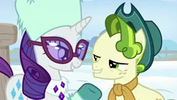Size: 1920x1080 | Tagged: safe, derpibooru import, screencap, pistachio, rarity, earth pony, unicorn, animated, blinking, clothes, duo, duo male and female, female, frame by frame, g4, hat, horn, image, jpeg, lidded eyes, male, my little pony best gift ever, out of context, shipping fuel, smiling, winter outfit