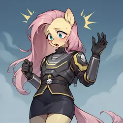 Size: 1280x1280 | Tagged: safe, ai content, machine learning generated, ponerpics import, prompter:neo meow, stable diffusion, fluttershy, anthro, armor, blushing, breasts, confused, crossover, delicious flat chest, flattershy, helldivers 2, image, jpeg, motion lines, solo