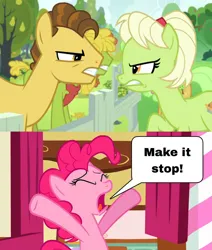 Size: 824x970 | Tagged: safe, artist:disneyponyfan, derpibooru import, grand pear, granny smith, pinkie pie, earth pony, the perfect pear, female, g4, image, jpeg, make it stop, male, meme
