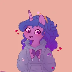 Size: 2480x2480 | Tagged: safe, artist:starburstuwu, derpibooru import, izzy moonbow, pony, unicorn, g5, blushing, bust, clothes, cute, high res, hoodie, hooves together, horn, image, izzybetes, jpeg, open mouth, open smile, orange background, simple background, smiling, solo