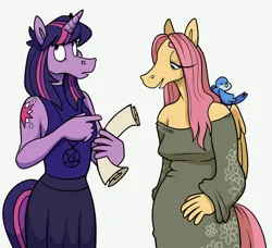 Size: 937x853 | Tagged: safe, artist:beastofeuthanasia, derpibooru import, fluttershy, twilight sparkle, anthro, bird, pegasus, unicorn, alternative cutie mark placement, clothes, dress, duo, duo female, female, g4, horn, image, jpeg, pentagram, scroll, shoulder cutie mark, simple background, skirt, unicorn twilight, white background, wings