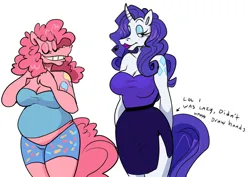 Size: 1062x752 | Tagged: safe, artist:beastofeuthanasia, derpibooru import, pinkie pie, rarity, anthro, earth pony, unicorn, alternative cutie mark placement, belly, breasts, chubby, cleavage, clothes, dress, duo, duo female, eyeshadow, female, g4, horn, image, jpeg, lipstick, makeup, midriff, shorts, shoulder cutie mark, simple background, skirt, white background