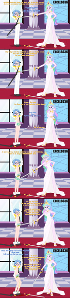 Size: 935x3980 | Tagged: questionable, artist:excelso36, derpibooru import, princess celestia, oc, human, equestria girls, assisted exposure, breasts, briefs, busty princess celestia, castle, censored, cleavage, clothed female nude male, clothes, crying, dress, duo, duo male and female, embarrassed, embarrassed nude exposure, embarrassed underwear exposure, equestria girls-ified, fear, female, g4, glasses, height difference, image, incontinence, jpeg, male, nudity, pissing, royal guard, scared, sword, underwear, undressing, urine, weapon, wetting