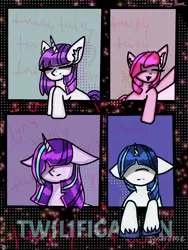 Size: 1536x2048 | Tagged: safe, artist:milochanz!, derpibooru import, pinkie pie, rarity, starlight glimmer, earth pony, pony, unicorn, 2024, female, floppy ears, horn, idk, image, mare, mlp infection, panel, png, twilification syndrome, twilyfied twi bro 😭