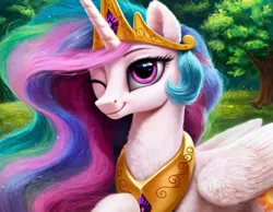 Size: 1152x896 | Tagged: safe, ai content, derpibooru import, machine learning generated, prompter:enterusxrname, stable diffusion, princess celestia, alicorn, g4, generator:ponydiffusion, grass, image, jpeg, one eye closed, outdoors, realistic, tree, wink