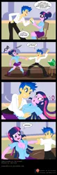 Size: 900x2732 | Tagged: safe, artist:niban-destikim, derpibooru import, flash sentry, sci-twi, twilight sparkle, human, equestria girls, breasts, busty twilight sparkle, cleavage, comic, commission, dancing, dialogue, duo, duo male and female, female, flashlight, g4, glasses off, image, jpeg, loose hair, male, ship:sci-flash, shipping, simpsons did it, straight, unbuttoned