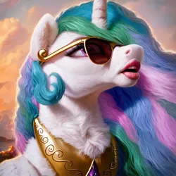 Size: 1024x1024 | Tagged: safe, ai content, derpibooru import, machine learning generated, prompter:enterusxrname, stable diffusion, princess celestia, alicorn, big lips, chest fluff, ear fluff, g4, generator:ponydiffusion, image, jpeg, realistic, side view, sunglasses