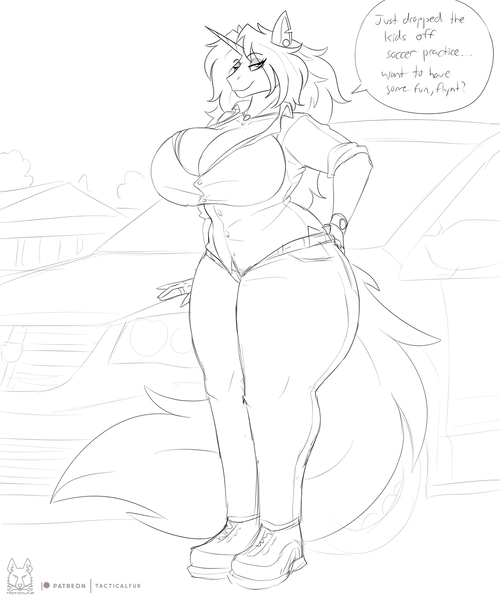 Size: 2000x2400 | Tagged: suggestive, artist:thedrunkcoyote, derpibooru import, oc, oc:amber steel, unofficial characters only, anthro, unicorn, bedroom eyes, belly button, big breasts, breasts, car, cleavage, clothes, digital art, female, horn, huge breasts, image, jpeg, looking at you, monochrome, pants, shirt, shoes, sketch, solo, solo female, tail, thighs, unicorn oc, wide hips