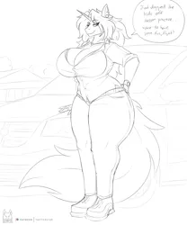 Size: 2000x2400 | Tagged: suggestive, artist:thedrunkcoyote, derpibooru import, oc, oc:amber steel, unofficial characters only, anthro, unicorn, bedroom eyes, belly button, big breasts, breasts, car, cleavage, clothes, digital art, female, horn, huge breasts, image, jpeg, looking at you, monochrome, pants, shirt, shoes, sketch, solo, solo female, tail, thighs, unicorn oc, wide hips
