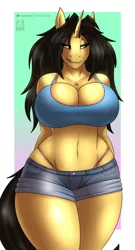 Size: 1000x1850 | Tagged: suggestive, alternate version, artist:thedrunkcoyote, derpibooru import, oc, oc:amber steel, unofficial characters only, anthro, unicorn, bedroom eyes, belly button, big breasts, breasts, cleavage, clothes, digital art, female, horn, huge breasts, image, jpeg, licking, licking lips, panties, short shirt, shorts, solo, solo female, tail, thighs, thong, tongue out, underwear, unicorn oc, wide hips