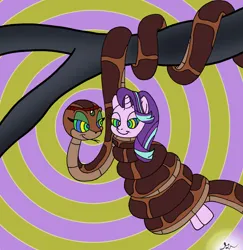 Size: 1024x1054 | Tagged: safe, artist:lol20, derpibooru import, starlight glimmer, pony, snake, unicorn, coils, duo, female, female kaa, horn, hypno eyes, hypnosis, hypnotized, image, jpeg, kaa, kaa eyes, lidded eyes, looking at each other, looking at someone, mare, smiling, smiling at each other, story included, tree branch, wrapped snugly, wrapped up