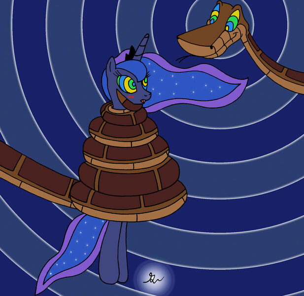 Size: 1024x995 | Tagged: safe, artist:lol20, derpibooru import, princess luna, alicorn, pony, snake, blushing, coils, crown, duo, female, hypno eyes, hypnosis, hypnotized, image, jewelry, jpeg, kaa, kaa eyes, looking at each other, looking at someone, male, mare, regalia, smiling, story included, wrapped up