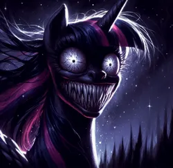 Size: 1024x994 | Tagged: safe, machine learning generated, ponerpics import, twilight sparkle, pony, crazy eyes, crazy face, evil grin, faic, generator:bing image creator, generator:dall-e 3, grin, image, jpeg, night, nightmare fuel, outdoors, sharp teeth, smiling, solo, teeth, twilight snapple