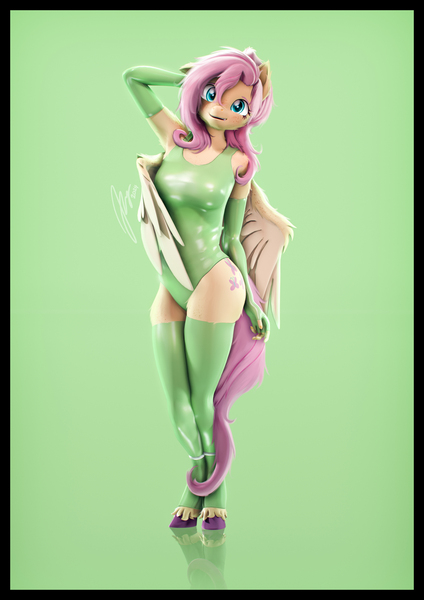 Size: 4000x5656 | Tagged: safe, artist:imafutureguitarhero, derpibooru import, part of a set, fluttershy, anthro, pegasus, pony, unguligrade anthro, 3d, absurd resolution, adorasexy, arm behind head, arm fluff, arm freckles, armpit fluff, armpits, bare shoulders, blushing, border, butt fluff, cheek fluff, chest fluff, chromatic aberration, clothes, colored eyebrows, colored eyelashes, colored wings, cute, cute little fangs, ear fluff, ear freckles, evening gloves, fangs, female, film grain, fingerless elbow gloves, fingerless gloves, floppy ears, fluffy, fluffy hair, fluffy mane, fluffy tail, freckles, freckleshy, fur, g4, gloves, green latex, head tilt, hoof fluff, image, jpeg, latex, latex clothes, latex gloves, latex leotard, latex socks, latex stockings, latex suit, leg fluff, leg freckles, leotard, long gloves, long nails, looking at you, mare, neck fluff, one ear down, open mouth, paintover, pink hair, pink mane, pink tail, revamped anthros, revamped ponies, sexy, shiny, shoulder fluff, shoulder freckles, shyabetes, signature, simple background, skindentation, smiling, smiling at you, snaggletooth, socks, solo, source filmmaker, stockings, tail, tall, thigh highs, two toned wings, unshorn fetlocks, vertical, wall of tags, wing fluff, wing freckles, wings