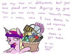 Size: 724x535 | Tagged: safe, artist:jargon scott, derpibooru import, princess cadance, alicorn, pony, apple, basket, bouquet, box of chocolates, dialogue, female, flower, food, g4, gift basket, hoof hold, horn, image, implied queen chrysalis, implied shipping, lidded eyes, mare, partially open wings, png, solo, text, tri-color mane, unamused, wings