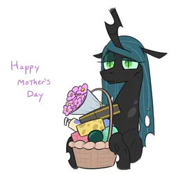 Size: 722x733 | Tagged: safe, artist:jargon scott, derpibooru import, queen chrysalis, changeling, changeling queen, basket, bouquet of flowers, bust, cheese, female, flower, food, g4, gift basket, hoof hold, horn, image, lidded eyes, mother's day, png, solo, text