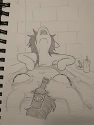 Size: 3072x4096 | Tagged: suggestive, artist:jargon scott, derpibooru import, oc, oc:anon-mare, unofficial characters only, earth pony, pony, alcohol, ashtray, bathtub, beer bottle, bottle, candle, cigarette, drink, female, grayscale, image, jpeg, mare, monochrome, nose in the air, open mouth, pencil drawing, solo, traditional art