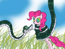 Size: 900x682 | Tagged: safe, artist:lol20, derpibooru import, pinkie pie, earth pony, pony, snake, coils, dialogue in the description, duo, female, grass, hypno eyes, hypno pie, hypnosis, hypnotized, image, jpeg, kaa, kaa eyes, looking at each other, looking at someone, male, mare, smiling, story included, wrapped snugly, wrapped up