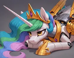 Size: 2048x1600 | Tagged: safe, ai content, anonymous prompter, derpibooru import, machine learning generated, stable diffusion, princess celestia, oc, oc:celestai, alicorn, cyborg, pony, robot, robot pony, fanfic:friendship is optimal, bored, g4, generator:pony diffusion v6 xl, gray background, image, lying, png, simple background, yellow eyes