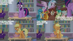 Size: 2000x1125 | Tagged: safe, derpibooru import, edit, edited screencap, editor:quoterific, screencap, applejack, cozy glow, gallus, ocellus, sandbar, silverstream, smolder, twilight sparkle, yona, what lies beneath, disguise, disguised changeling, g4, image, png, student six