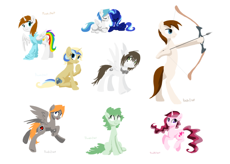 Size: 2774x1980 | Tagged: safe, artist:kaermter, derpibooru import, oc, unofficial characters only, alicorn, earth pony, pegasus, pony, unicorn, alicorn oc, arrow, bipedal, bow (weapon), bow and arrow, clothes, female, headphones, horn, image, lying down, male, mare, png, prone, simple background, sitting, stallion, transparent background, weapon, wings