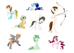 Size: 2774x1980 | Tagged: safe, artist:kaermter, derpibooru import, oc, unofficial characters only, alicorn, earth pony, pegasus, pony, unicorn, alicorn oc, arrow, bipedal, bow (weapon), bow and arrow, clothes, female, headphones, horn, image, lying down, male, mare, png, prone, simple background, sitting, stallion, transparent background, weapon, wings