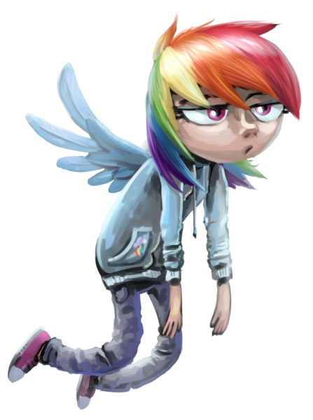 Size: 1284x1722 | Tagged: safe, artist:kaermter, derpibooru import, rainbow dash, human, clothes, female, flying, g4, hoodie, humanized, image, png, simple background, solo, spread wings, transparent background, winged humanization, wings