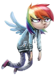 Size: 1284x1722 | Tagged: safe, artist:kaermter, derpibooru import, rainbow dash, human, clothes, female, flying, g4, hoodie, humanized, image, png, simple background, solo, spread wings, transparent background, winged humanization, wings