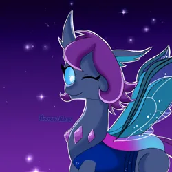 Size: 2024x2024 | Tagged: safe, artist:cookie-ruby, derpibooru import, oc, unofficial characters only, changedling, changeling, blue eyes, changedling oc, changedlingified, changeling oc, clothes, cute, digital art, eyelashes, g4, gem, happy, horn, image, looking at you, night, one eye closed, png, ponysona, purple mane, see-through, signature, smiling, smiling at you, solo, sparkles, species swap, spread wings, starry night, stars, wings, wink, winking at you