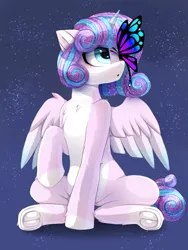 Size: 2250x3000 | Tagged: safe, artist:taiweiart, derpibooru import, princess flurry heart, alicorn, butterfly, insect, pony, bioluminescent, blue background, blue eyes, butterfly wings, chest fluff, crepuscular rays, cute, digital art, ethereal mane, ethereal tail, feather, female, flying, g4, high res, hooves, horn, image, mare, night, older, older flurry heart, open mouth, png, raised hoof, signature, simple background, sitting, solo, sparkles, speedpaint, spread wings, starry mane, starry night, starry tail, stars, tail, two toned mane, two toned tail, wings