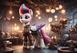 Size: 1216x832 | Tagged: safe, ai content, derpibooru import, generator:autismmixpony, machine learning generated, prompter:kluknawa235, stable diffusion, zipp storm, pegasus, g5, backlighting, clothes, image, jpeg, light, smiling, solo, steampunk, window, wings, wooden floor