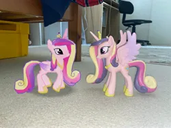 Size: 4032x3024 | Tagged: safe, derpibooru import, princess cadance, alicorn, pony, 3d, 3d model, augmented reality, chair, desk, duality, figure, figurine, floor, funko, g4, gameloft, image, irl, jpeg, looking at each other, looking at someone, my little pony: magic princess, photo, self paradox, toy