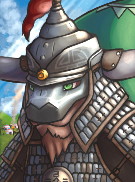 Size: 979x1318 | Tagged: safe, artist:blakasmoko, derpibooru import, oc, oc:khan koletiv, unofficial characters only, yak, equestria at war mod, armor, beard, bust, facial hair, helmet, horns, image, jpeg, portrait, solo