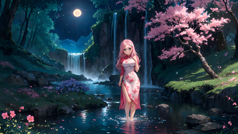 Size: 3840x2160 | Tagged: safe, ai content, derpibooru import, generator:autismmixconfetti, machine learning assisted, machine learning generated, prompter:truekry, stable diffusion, fluttershy, human, equestria girls, cherry blossoms, cherry tree, chinese dress, clothes, dress, flower, flower blossom, g4, high res, image, looking at you, moon, night, png, river, scenery, smiling, smiling at you, tree, water, waterfall