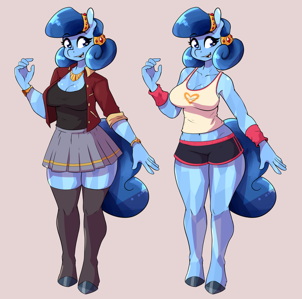 Size: 2136x2116 | Tagged: safe, artist:whatsapokemon, derpibooru import, oc, oc:heart song, unofficial characters only, anthro, crystal pony, unguligrade anthro, blue hair, bracelet, clothes, hooves, image, jacket, jewelry, necklace, outfit, png, reference, skirt, socks, solo, tanktop, thigh highs, workout outfit, zettai ryouiki