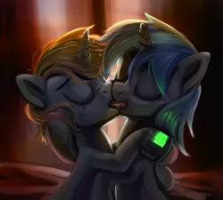 Size: 1468x1324 | Tagged: suggestive, artist:kaermter, derpibooru import, oc, oc:homage, oc:littlepip, unofficial characters only, pony, unicorn, fallout equestria, duo, eyes closed, female, french kiss, horn, image, kissing, lesbian, mare, oc x oc, pipbuck, pipmage, png, shipping