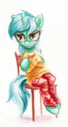 Size: 691x1278 | Tagged: safe, artist:kaermter, derpibooru import, lyra heartstrings, pony, unicorn, clothes, crossed hooves, female, g4, horn, image, mare, meme, pants, png, simple background, sitting, sitting lyra, solo, sweater, traditional art, watercolor painting, white background