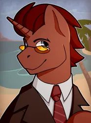 Size: 1040x1400 | Tagged: safe, artist:bunnyshrubby, derpibooru import, oc, oc:ponse cocktail, unofficial characters only, pony, unicorn, equestria at war mod, bust, clothes, glasses, horn, image, jacket, necktie, ocean, palm tree, png, portrait, solo, tree, water