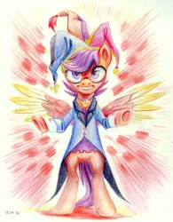 Size: 1123x1441 | Tagged: safe, artist:kaermter, derpibooru import, scootaloo, pegasus, pony, bipedal, choker, colored wings, g4, hat, image, jester hat, png, solo, spread wings, tailcoat, wings