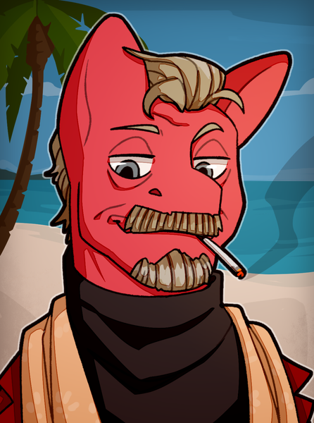 Size: 1040x1400 | Tagged: safe, artist:bunnyshrubby, derpibooru import, oc, oc:coffee bean, unofficial characters only, earth pony, pony, equestria at war mod, beard, bust, cigarette, clothes, facial hair, image, moustache, ocean, palm tree, png, portrait, smoke, solo, tree, water