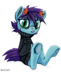 Size: 1228x1446 | Tagged: safe, artist:safe, derpibooru import, oc, unofficial characters only, pony, clothes, female, homestuck, horns, image, mare, png, simple background, sitting, solo, sweater, white background