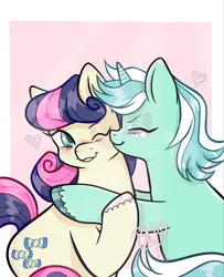 Size: 1661x2048 | Tagged: safe, artist:beenutsartpile, derpibooru import, bon bon, lyra heartstrings, sweetie drops, earth pony, pony, unicorn, abstract background, blushing, colored hooves, duo, female, g4, heart, horn, hug, image, jpeg, kiss on the cheek, kissing, lesbian, lyrabon, passepartout, shipping, smiling, unshorn fetlocks