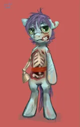Size: 647x1019 | Tagged: semi-grimdark, artist:kaermter, derpibooru import, oc, oc:dovewing, unofficial characters only, earth pony, ghoul, pony, undead, bipedal, bone, female, image, mare, png, red background, ribcage, simple background, skeleton, solo, torn ear