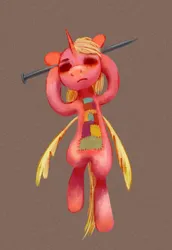 Size: 1168x1693 | Tagged: semi-grimdark, artist:kaermter, derpibooru import, oc, unofficial characters only, alicorn, pony, alicorn oc, brown background, horn, image, nail, no eyes, png, simple background, stitches, wings